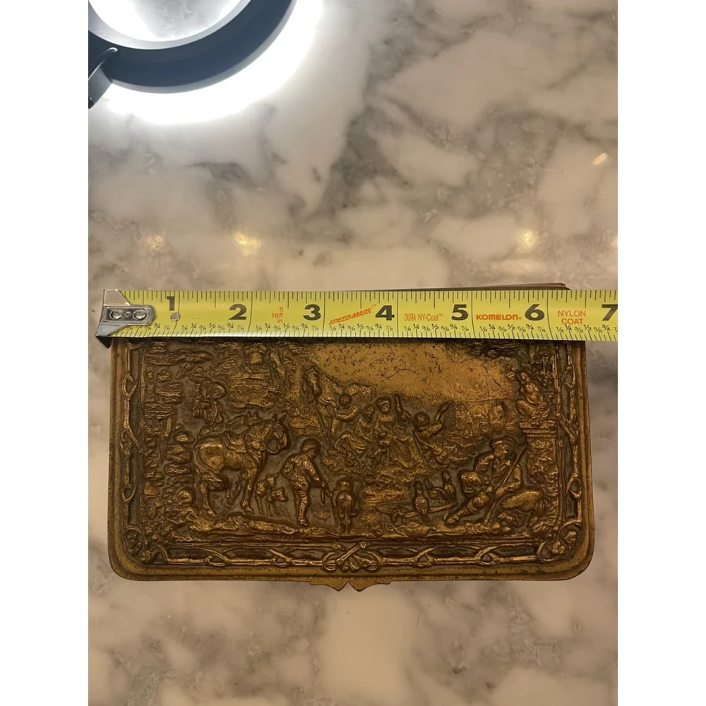 Antique Jennings Brothers Gilt Bronze Jewelry Trinket Box Relief Scene c.1900